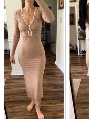 Abercrombie & Fitch Midi Dress Women’s Small Cut Out Tan Beige Slimming K